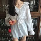 Bell-sleeve Ruffle Trim Blouse White - One Size