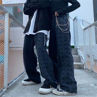Couple Matching Two Tone Printed Wide-leg Jeans