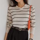 Long-sleeve Collared Stripe Knit Top