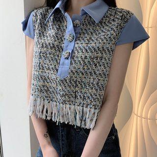 Cap-sleeve Tweed Polo Shirt
