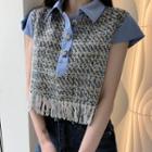 Cap-sleeve Tweed Polo Shirt