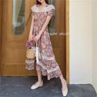 Short-sleeve Floral Print Lace Trim Midi A-line Dress