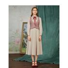 Set: Long-sleeve Midi A-line Dress + Plaid Vest