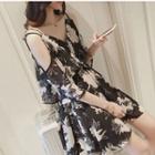 3/4-sleeve Cold-shoulder Floral Print Mini A-line Dress