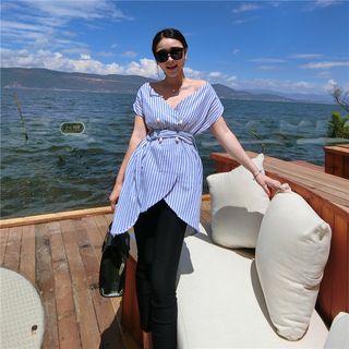 Short-sleeve Striped Tie-waist Blouse