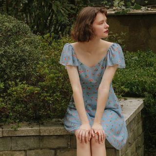 Floral Print Open-back Short-sleeve Mini A-line Dress