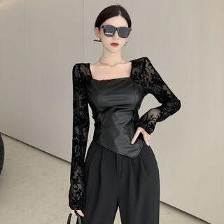 Long-sleeve Faux Leather Lace Top