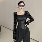 Long-sleeve Faux Leather Lace Top