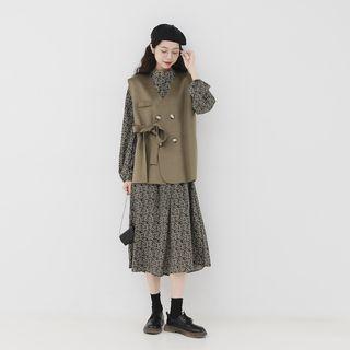 Double-breasted Vest / Floral Long-sleeve Midi Dress