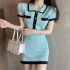 Short-sleeve Color Panel Mini Sheath Knit Dress