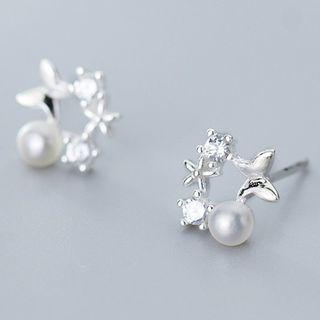 925 Sterling Silver Rhinestone Butterfly Faux Pearl Earring 1 Pair - S925 Silver - One Size