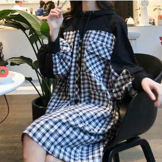 Plaid Paneled Shift Hoodie Dress