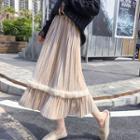 Furry Trim Ribbed Midi A-line Skirt