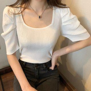 Balloon-sleeve Striped Knit Top