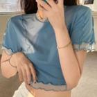 Short-sleeve Mock Two-piece Mesh Crop Top Blue - One Size