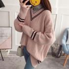 Striped Cable-knit V-neck Sweater