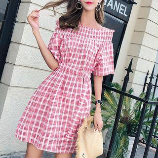 Off Shoulder Plaid Short-sleeve A-line Dress