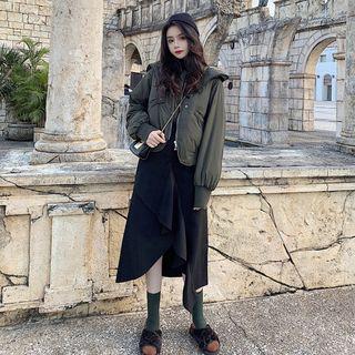 Padded Zip Jacket / Asymmetrical A-line Midi Skirt