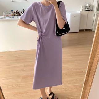 Plain Short-sleeve Twist Slit Midi T-shirt Dress