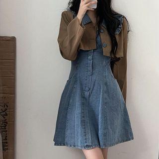 Cropped Blazer / Spaghetti Strap Denim A-line Dress