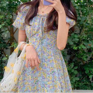 Floral Print Off-shoulder Puff-sleeve Mini A-line Dress Floral - One Size