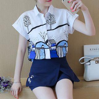 Set: Printed Short Sleeve Shirt + Fish Embroidered Skort