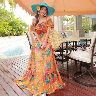 Feather Print Maxi Sundress