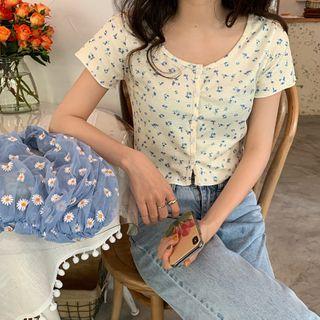 Button-front Cropped Short-sleeve Floral Top