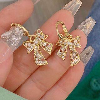 Rhinestone Bow Drop Earring A4-1-1 - 1 Pair - Gold & White - One Size