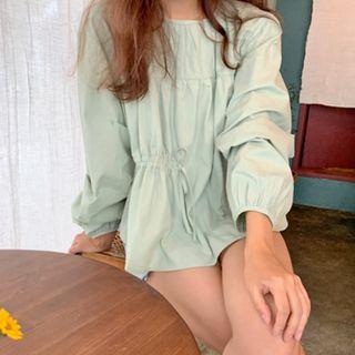 Drawstring-front Long-sleeve Blouse Green - One Size