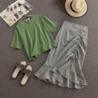 Set: Short-sleeve T-shirt + Drawstring Plaid A-line Skirt