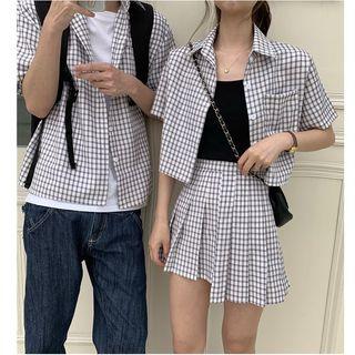Couple Matching Plaid Short-sleeve Shirt / Pleated Skirt
