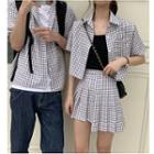 Couple Matching Plaid Short-sleeve Shirt / Pleated Skirt