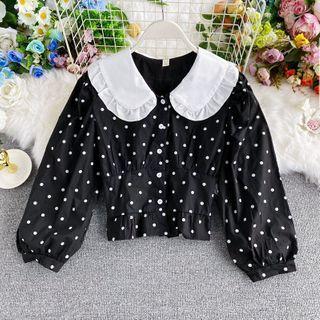 Lapel Dot Printed Long-sleeve Crop Top