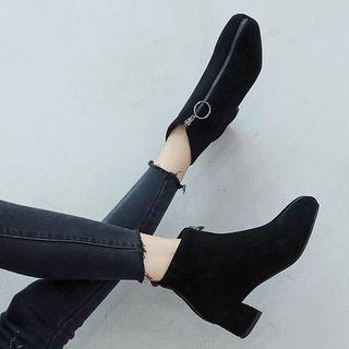 Faux Suede Front Zipper Block Heel Ankle Boots