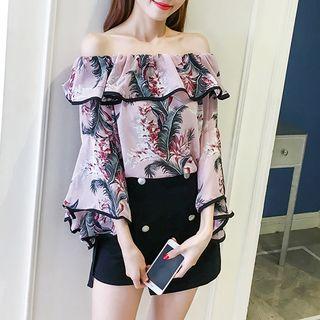 Off-shoulder Floral Chiffon Top / Lace Under Shorts
