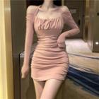 Halter-neck Long-sleeve Shirred Mini Bodycon Dress