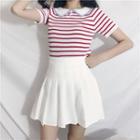 Striped Short-sleeve Knit Top / Pleated Skirt