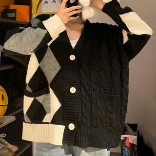 Argyle Panel Cable Knit Cardigan