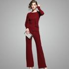 Set: Long-sleeve Buttoned Knit Top + Pants