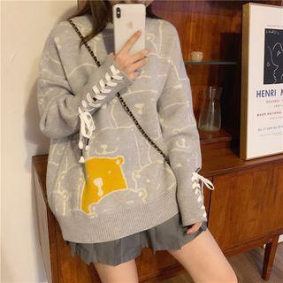 Bear Jacquard Lace-up Sleeve Sweater