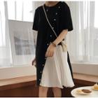 Short-sleeve Pleated Panel Chiffon Dress Black - One Size