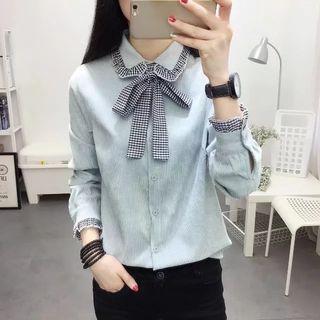 Plaid Trim Tie-neck Shirt