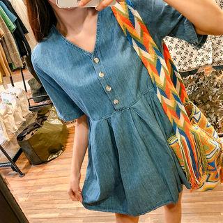 V-neck Shirtwaist Mini Denim Dress