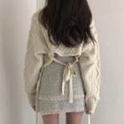 Cable-knit Tie-back Cropped Sweater / Fringed Hem Tweed Mini Straight-fit Skirt