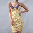 Spaghetti-strap V-neck Floral Print Lace-panel Mini Bodycon Dress