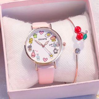 Set: Faux Leather Print Strap Watch + Cherry Bracelet