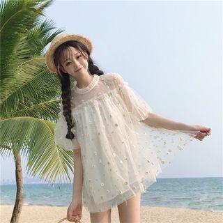 Short-sleeve Floral Embroidered Mesh Top As Shown In Figure - One Size
