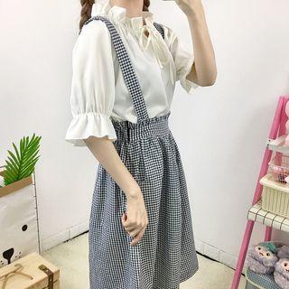 Frill Trim Short-sleeve Blouse / Plaid Suspender Mini Skirt / Set