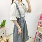 Frill Trim Short-sleeve Blouse / Plaid Suspender Mini Skirt / Set